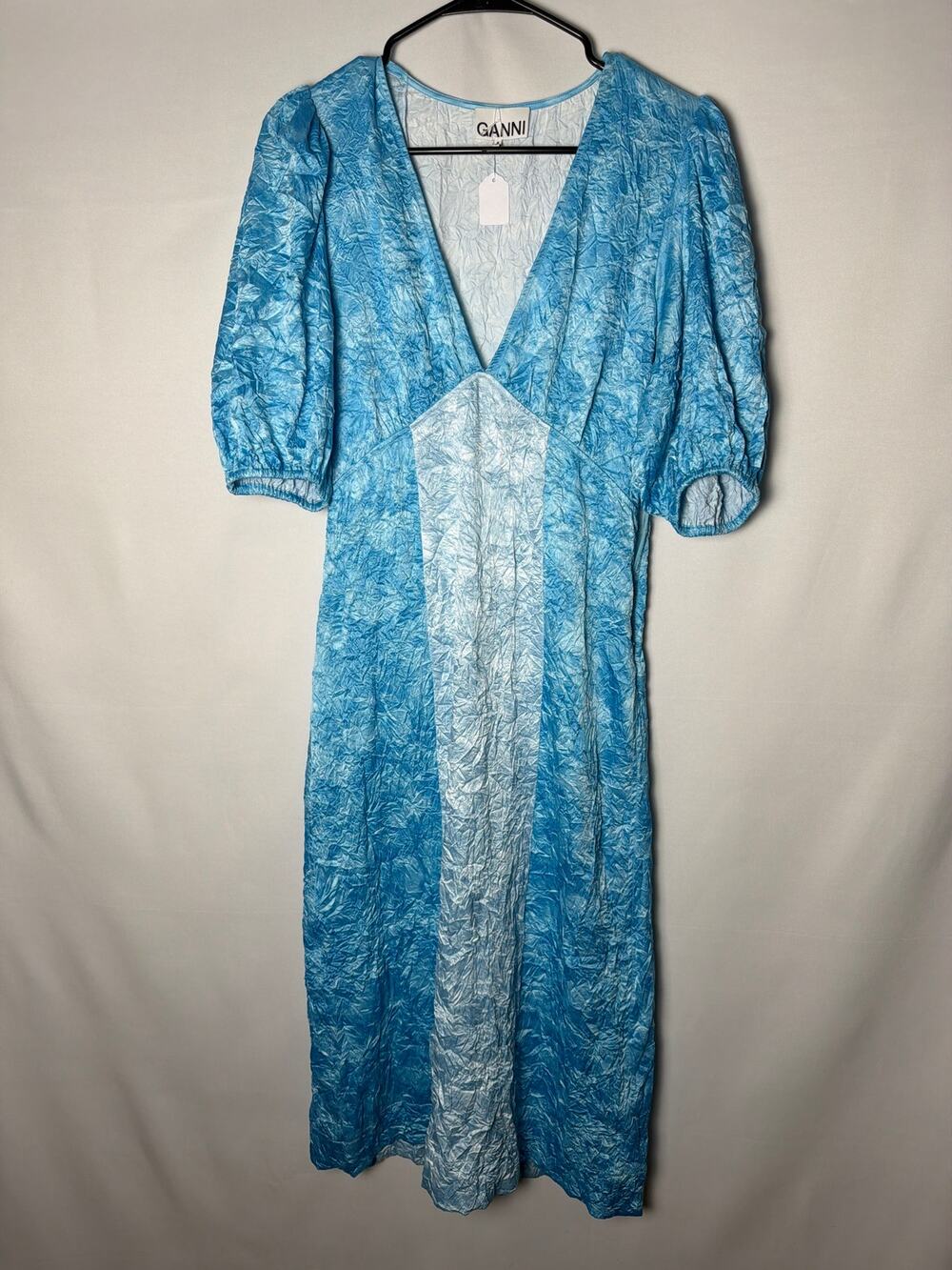 GANNI Crinkled Satin Midi Dress: Blue
